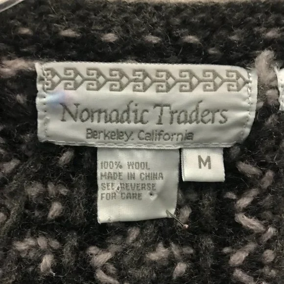 NOMADIC TRADERS Womens M Black Wool Fair Isle Zip Cardigan Sweater By Hand - Picture 3 of 11